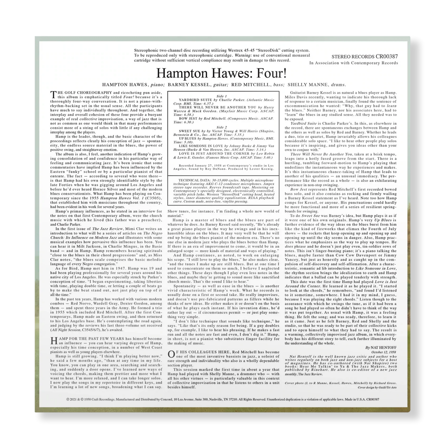 Hampton Hawes - Four! With Barney Kessel, Shelly Manne & Red Mitchell - Contemporary LP